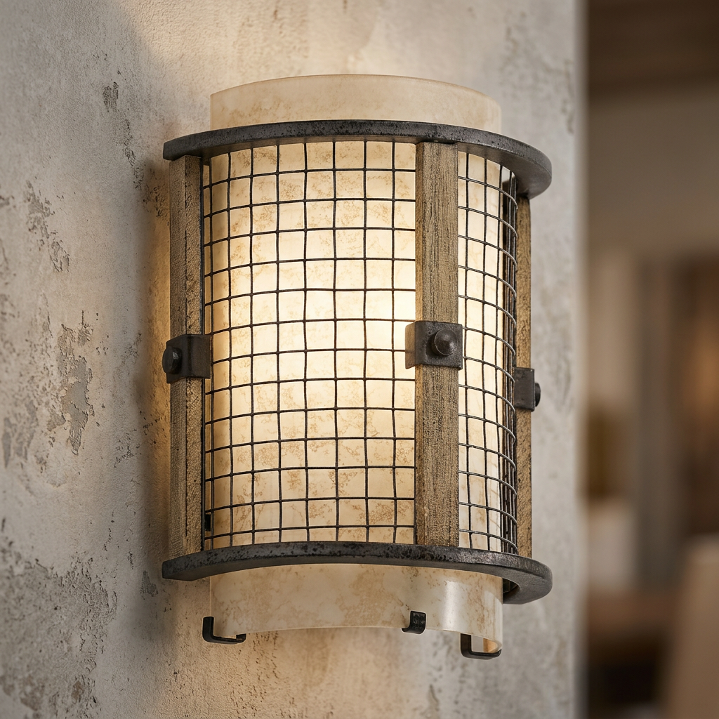 Industrial-style wall light with a mesh metal screen over a glass shade and wooden accents on a textured wall.