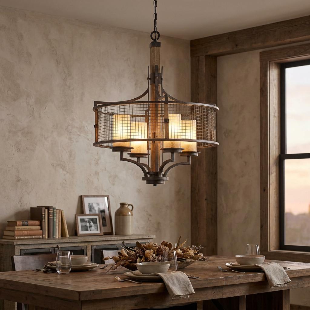 Rustic 4-light iron and wood chandelier with a mesh cage hanging over a wooden dining table in a cozy room.