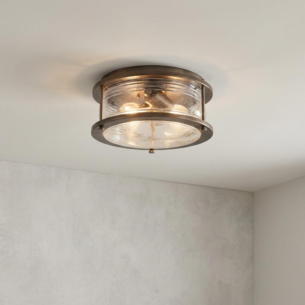 Bronze outdoor flush mount ceiling light featuring seeded glass and two lit bulbs.
