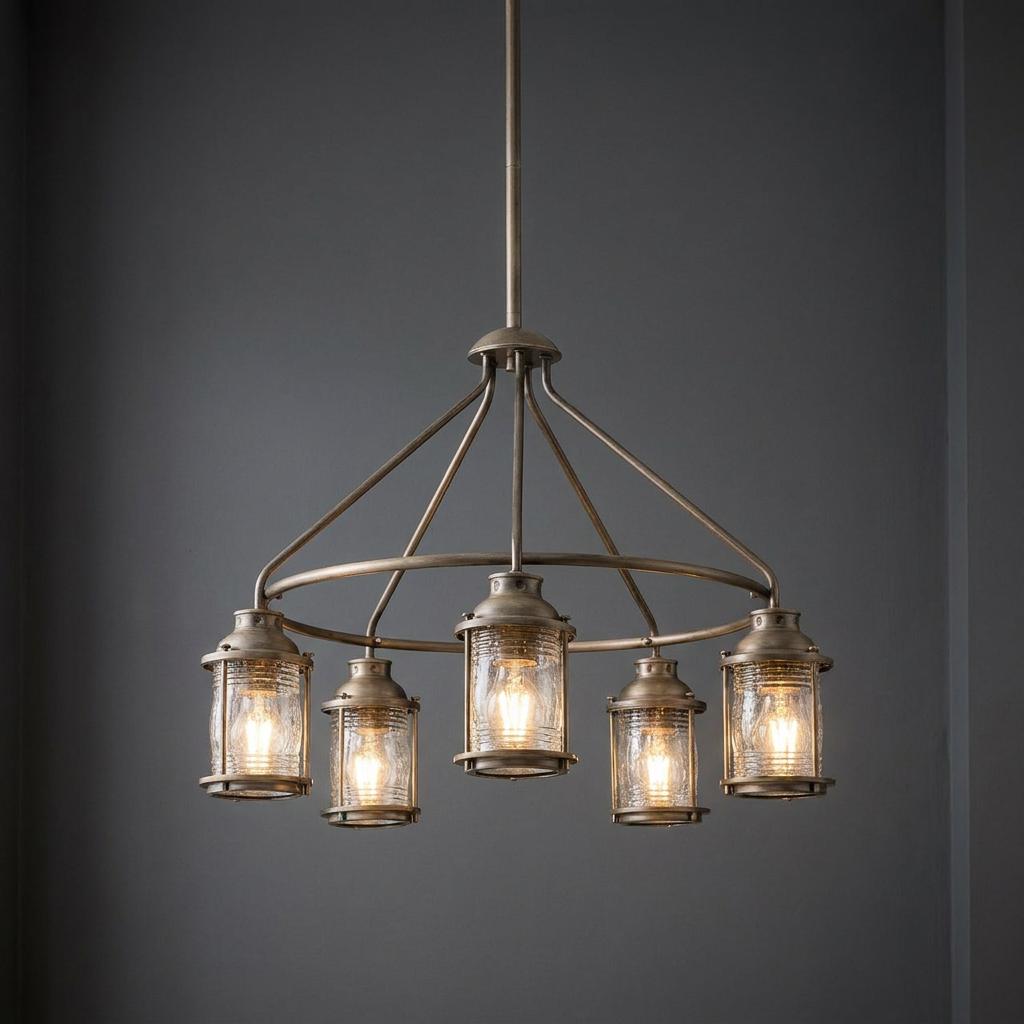 A five-light bronze outdoor chandelier with seeded glass lanterns illuminated against a dark gray background.
