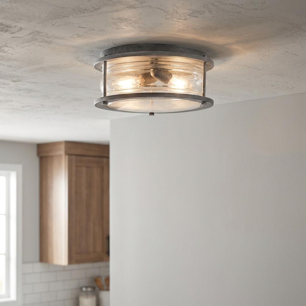 Kichler Ashland zinc outdoor flush light with seeded glass and warm bulbs illuminated on a ceiling.