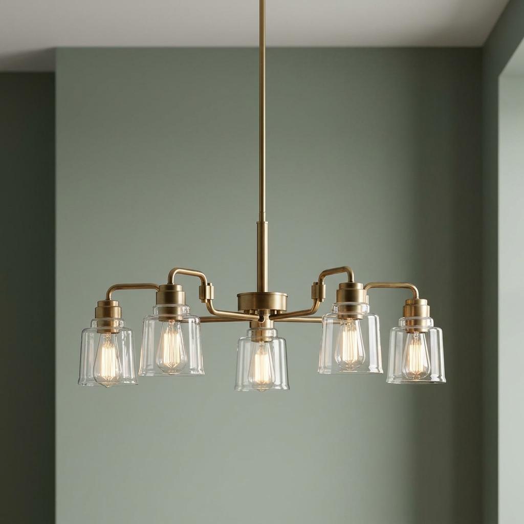 Five-light brass chandelier with clear glass shades and glowing Edison bulbs against a sage green wall.