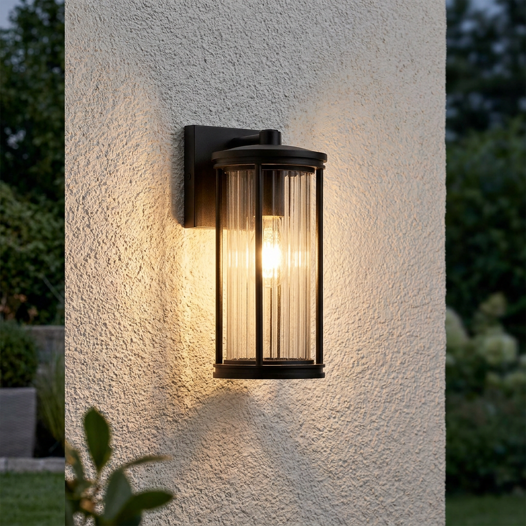Kichler Barras black outdoor wall lantern with fluted glass glowing on a textured white exterior wall.