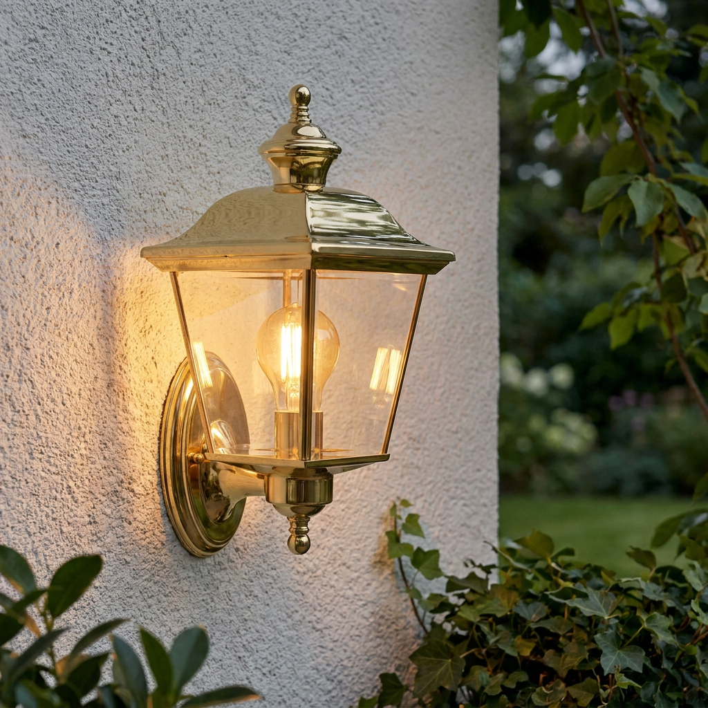Polished gold outdoor lantern with clear glass and a glowing bulb mounted on a white textured wall near a garden.