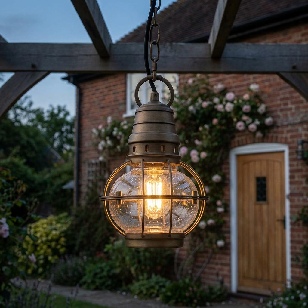 Nautical brass lantern with seeded glass globe hanging from a wooden pergola in a garden at dusk.