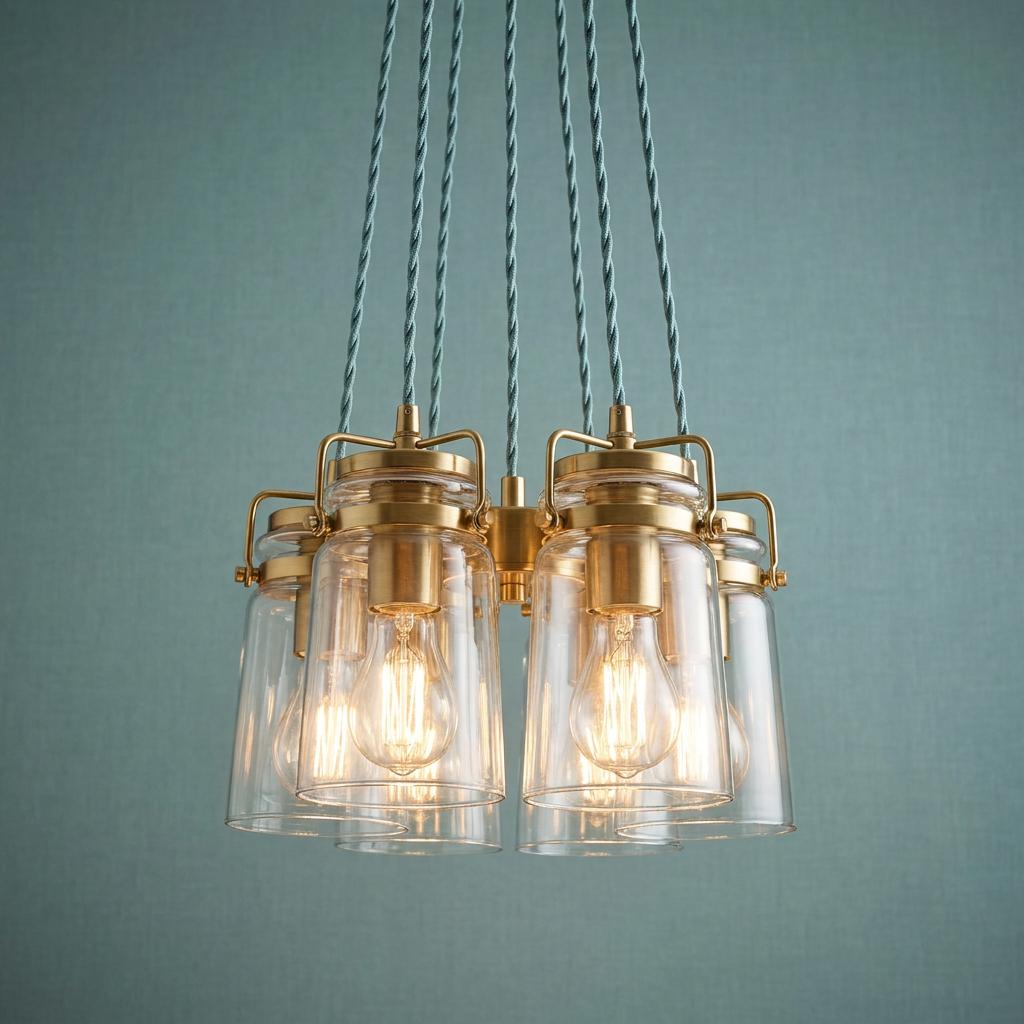 Kichler Brindley 6 light brass pendant featuring clear glass shades and twisted blue cords against a teal wall.