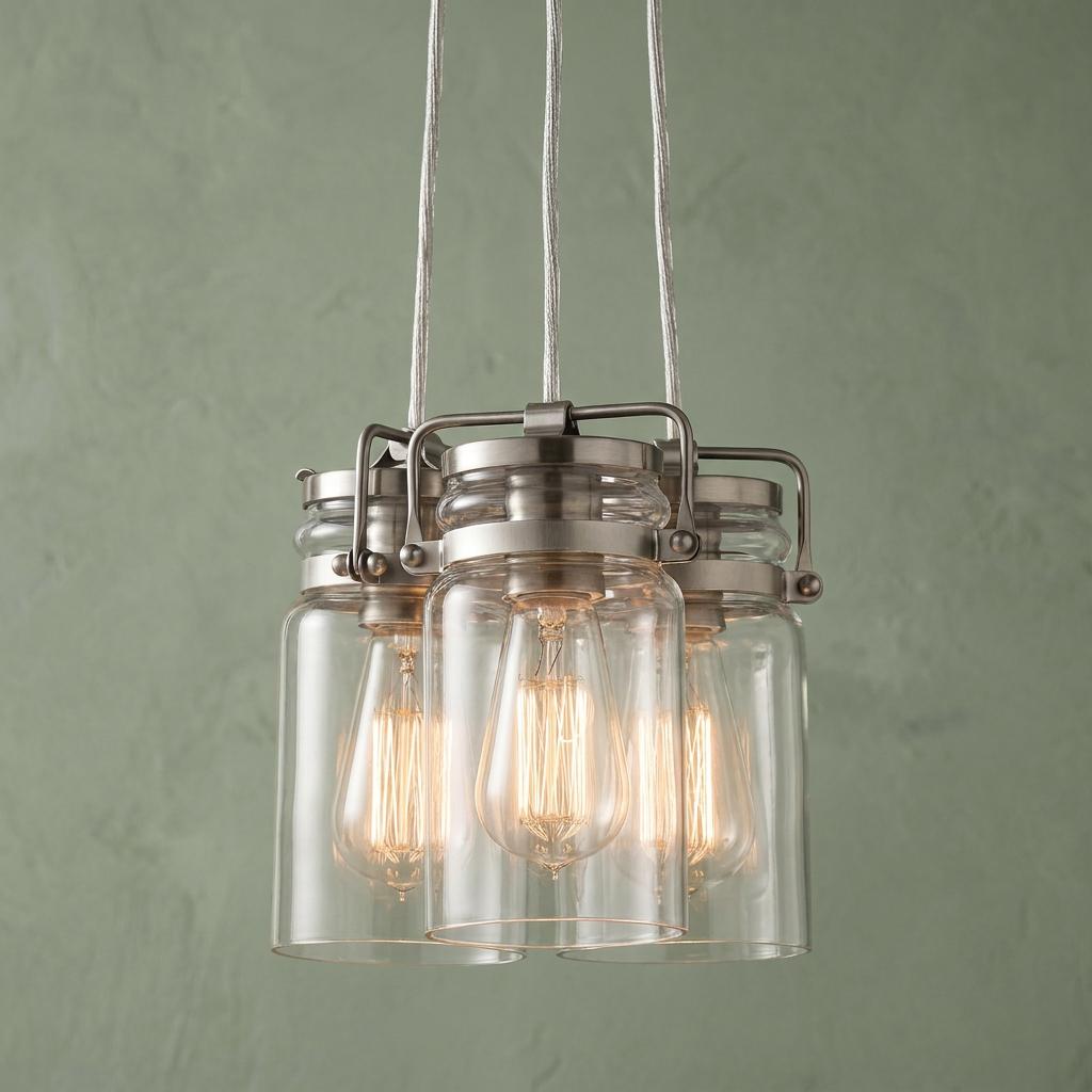 Three-light brushed nickel pendant with glass jar shades and glowing Edison bulbs against a green wall.