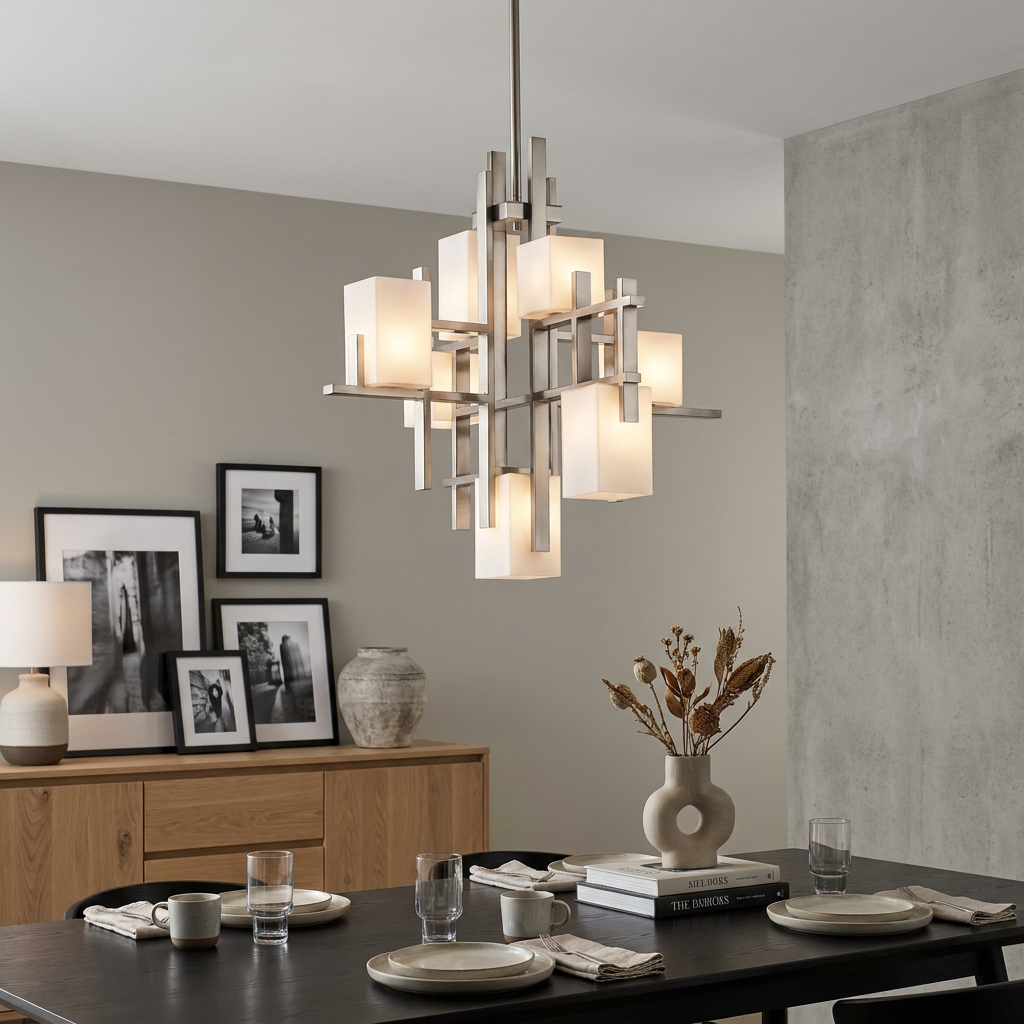 Modern Kichler City Lights 7-light pewter chandelier with cubic glass shades over a contemporary dining table.