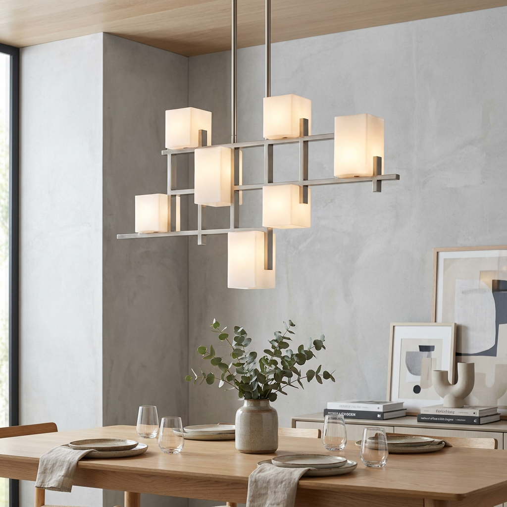 Modern Kichler City Lights 7-light pewter linear chandelier with square glass shades over a dining table.