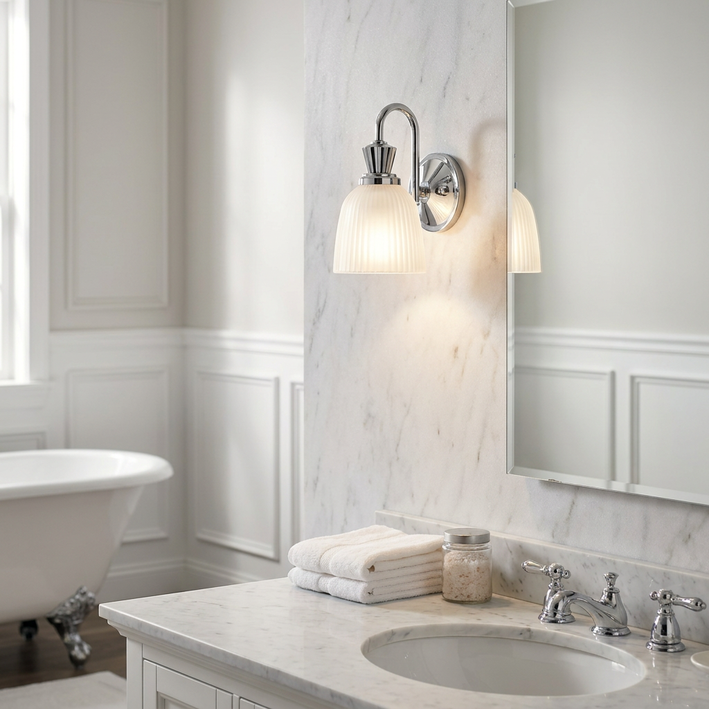 Kichler Cora polished chrome wall light with a ribbed glass shade on a marble bathroom wall near a vanity mirror.