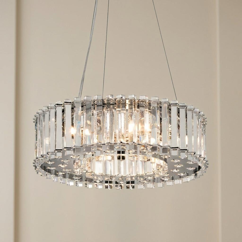 Circular crystal pendant light with vertical glass prisms and polished chrome accents against a neutral wall.