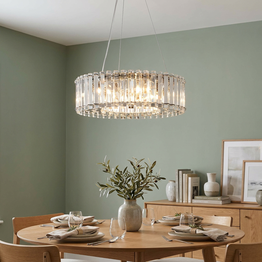 Kichler Crystal Skye pendant light hanging over a set wooden dining table in a room with sage green walls.