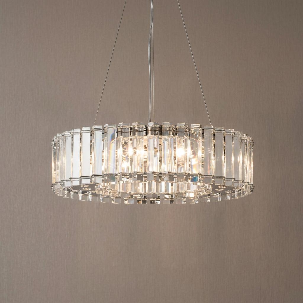 Circular 8-light pendant with vertical crystal prisms and chrome accents suspended against a brown wall.
