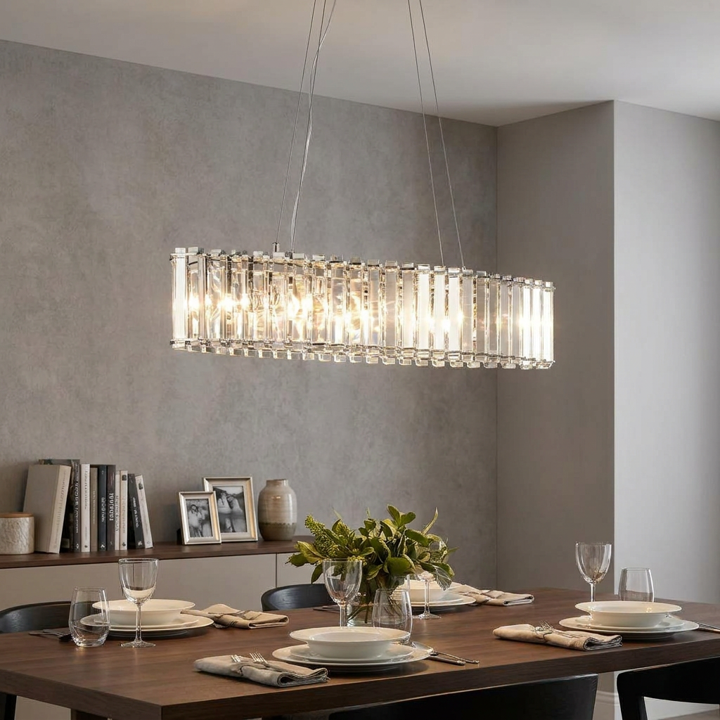 A rectangular Kichler Crystal Skye island pendant light glows above an elegantly set modern dining table.