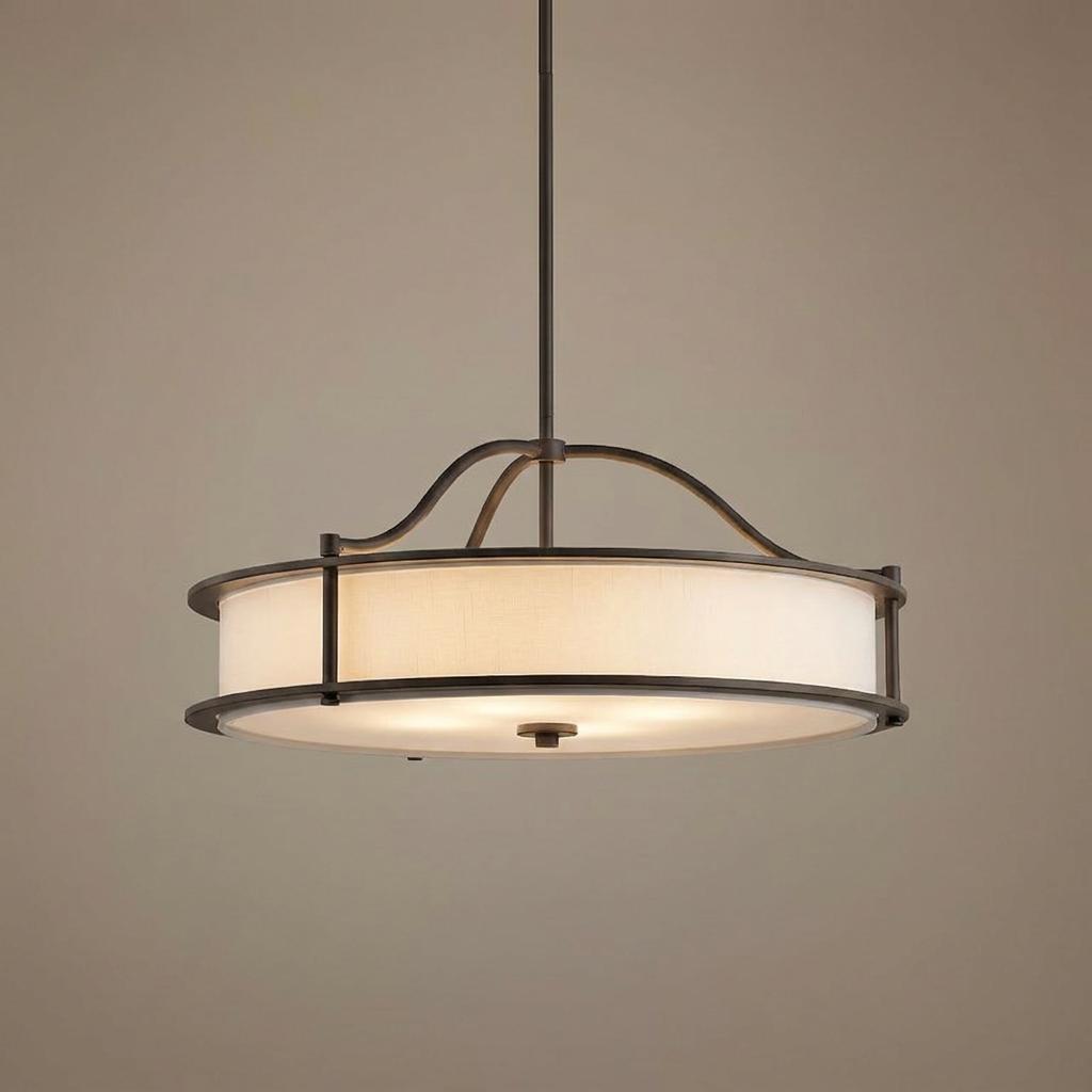 Kichler Emory 4-light bronze semi-flush chandelier with a drum fabric shade and curved metal frame.