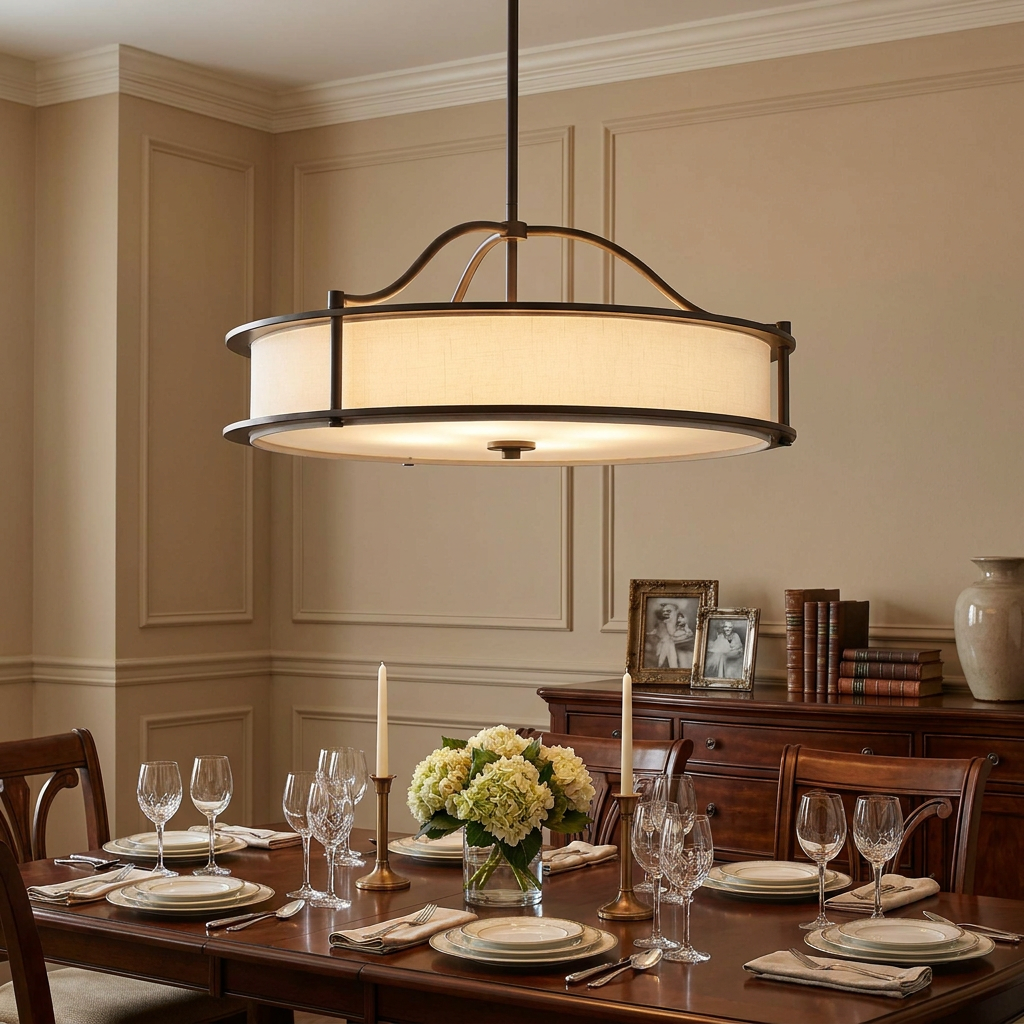 Bronze semi-flush chandelier with a fabric drum shade hanging above a set dining table in a traditional room.