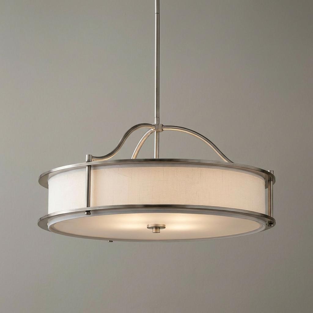 Semi-flush mount chandelier with a pewter frame and off-white fabric drum shade.