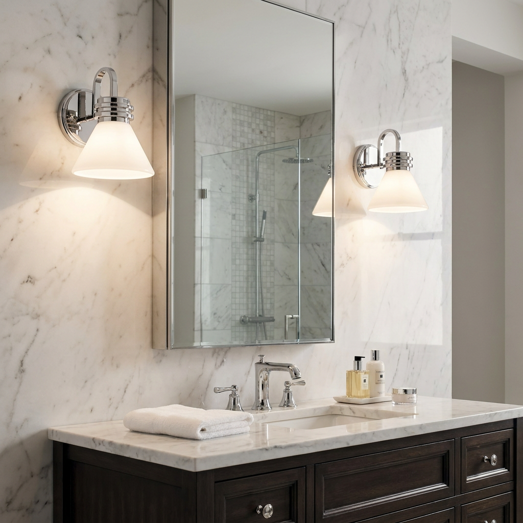 Two polished chrome wall sconces with white cone shades flanking a bathroom mirror on a marble wall.