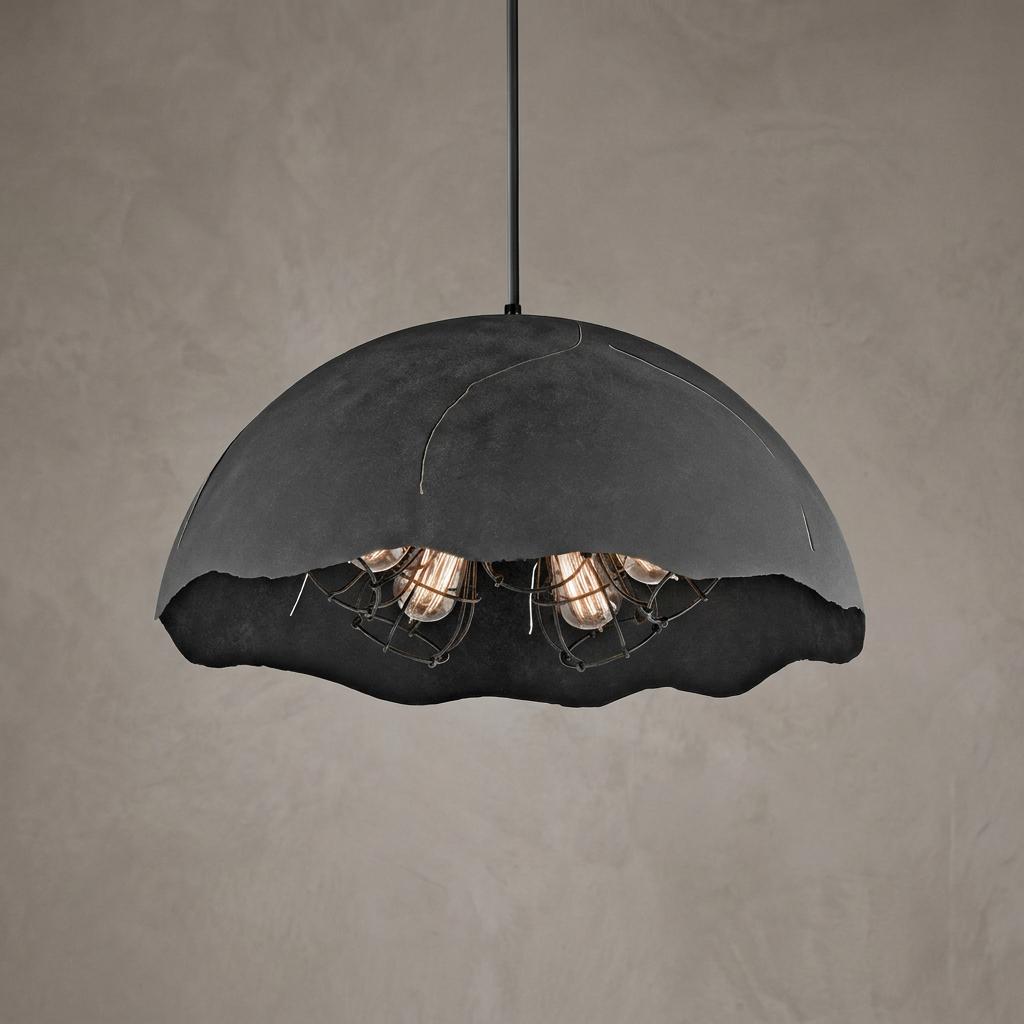 Kichler Fracture zinc pendant light with a textured dome shade and five wire-caged bulbs against a neutral wall.