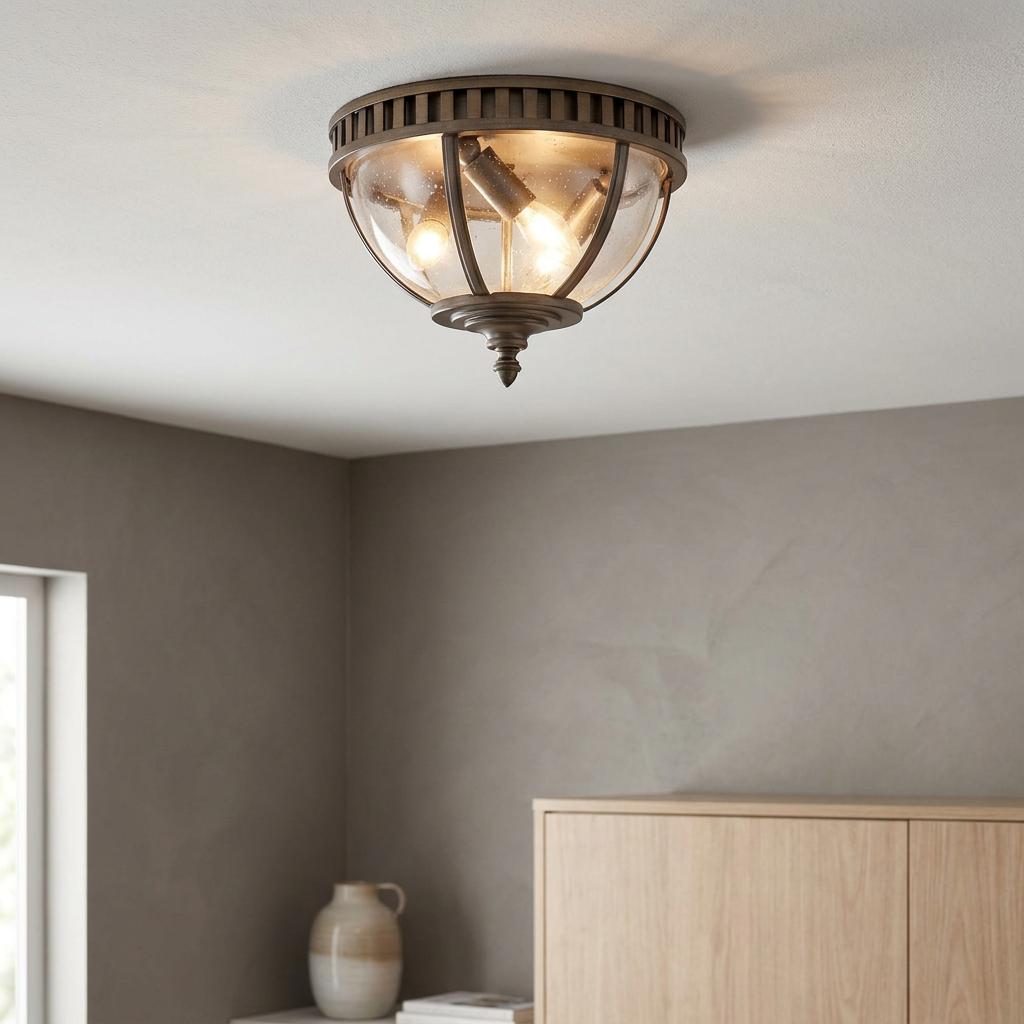 Bronze three-light outdoor flush mount ceiling fixture with seeded glass dome and decorative finial.