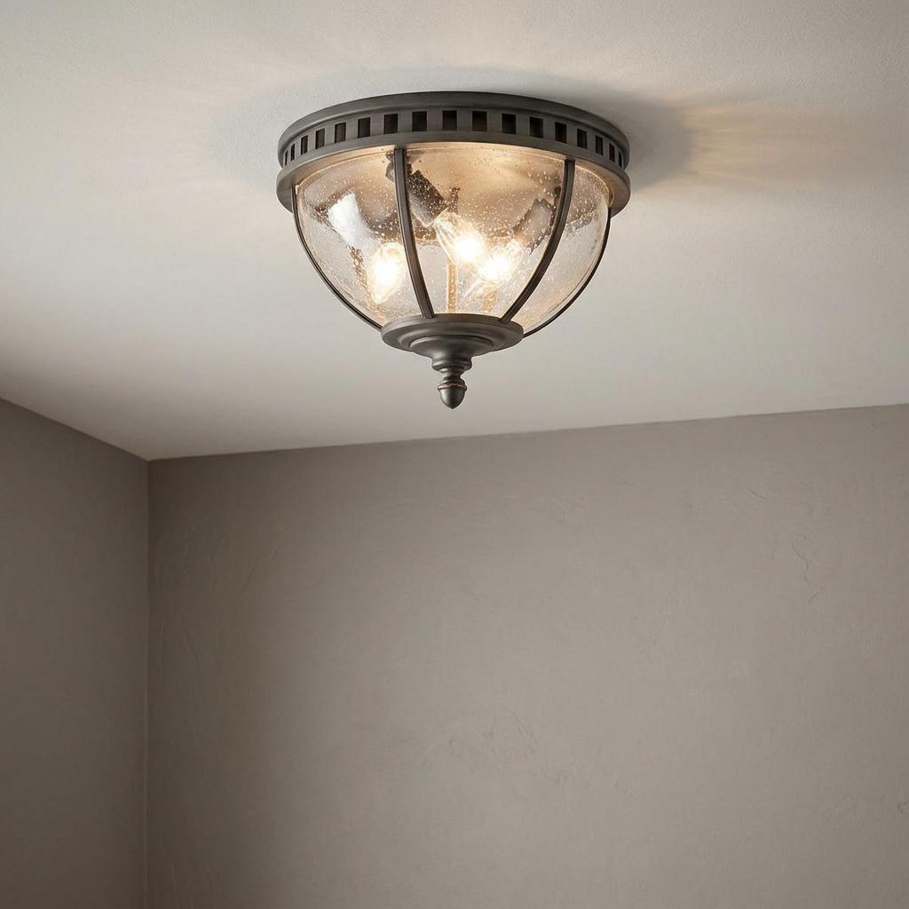 Kichler Halleron grey outdoor flush lantern with seeded glass and three warm lights mounted on a neutral ceiling.