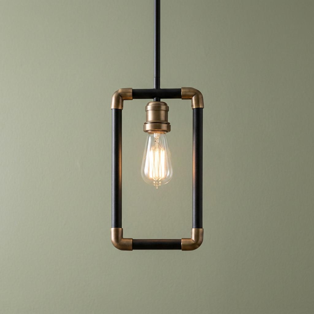 Industrial black and brass rectangular mini pendant with an exposed Edison bulb against a light green wall.