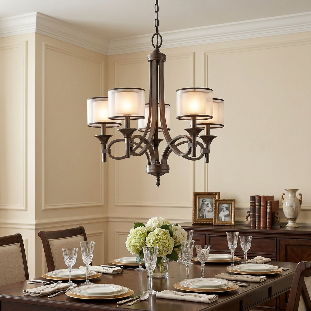 A Mission Bronze 5-light chandelier with double shades hangs over a set dining table in an elegant room.