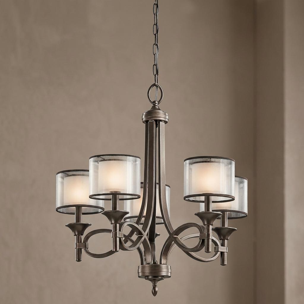 Kichler Lacey mission bronze 5-light chandelier featuring curved metal arms and double glass shades.