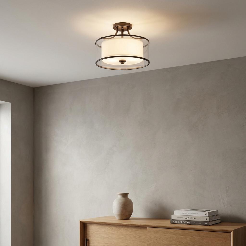 Kichler Lacey Mission Bronze semi-flush ceiling light with double drum shade in a modern living space.