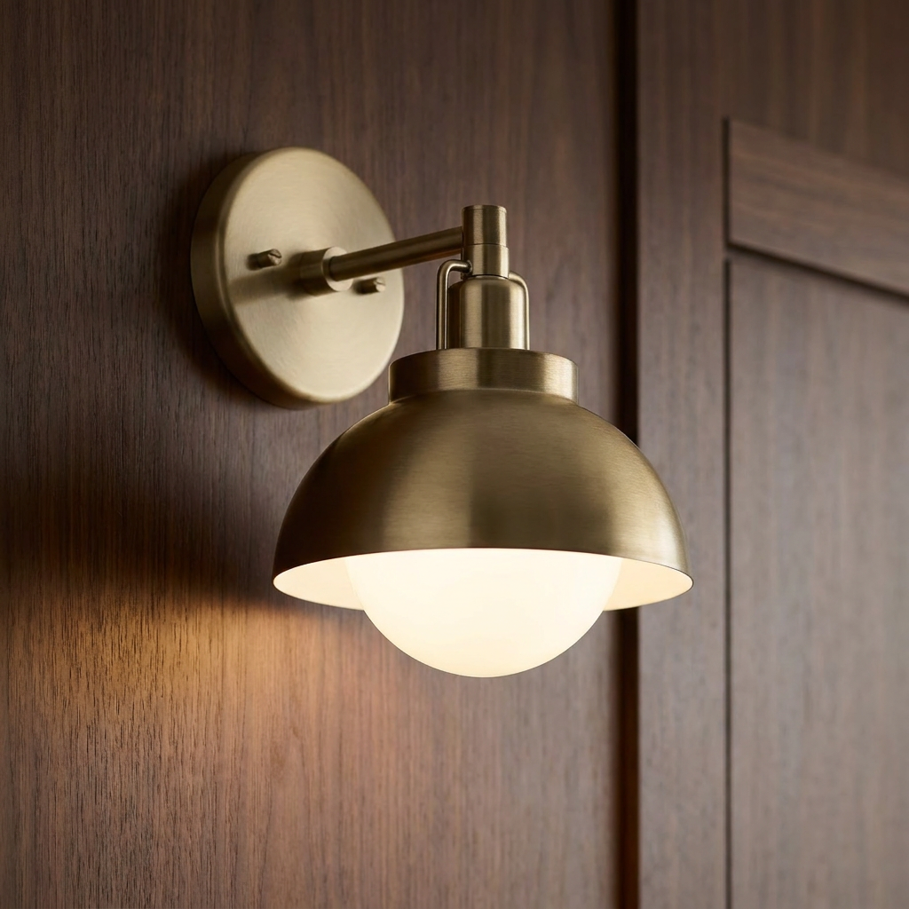 Aged brass wall sconce with a metal dome shade and glowing white glass globe on a dark wood paneled wall.