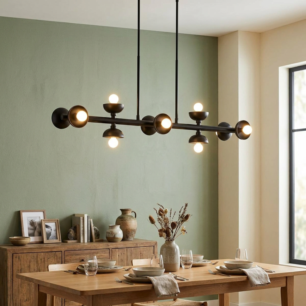 Kichler Palta 10-light black linear pendant with globe bulbs over a wooden dining table against a sage green wall.