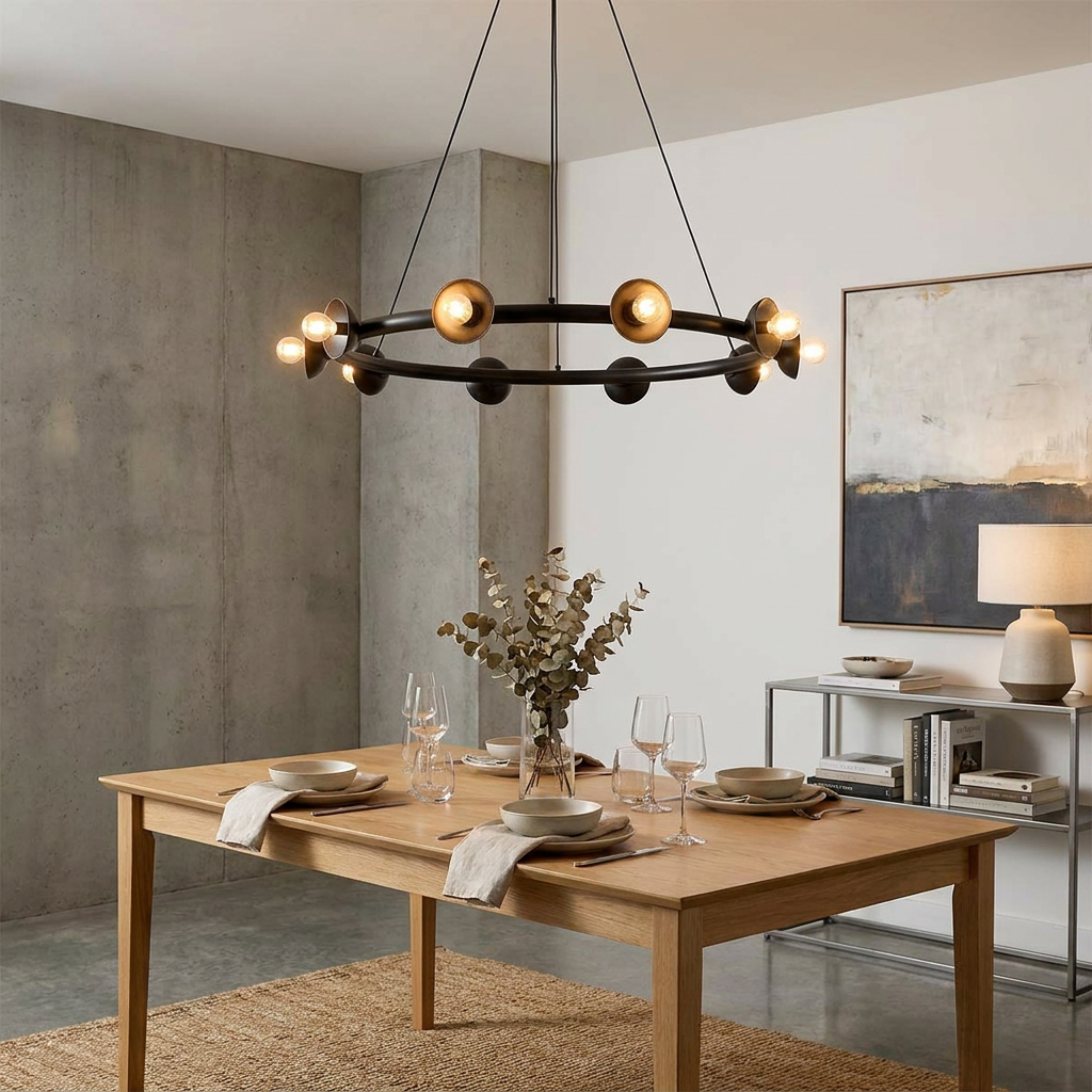 Kichler Palta 9-light black chandelier hanging above a minimalist wooden dining table in a modern home.
