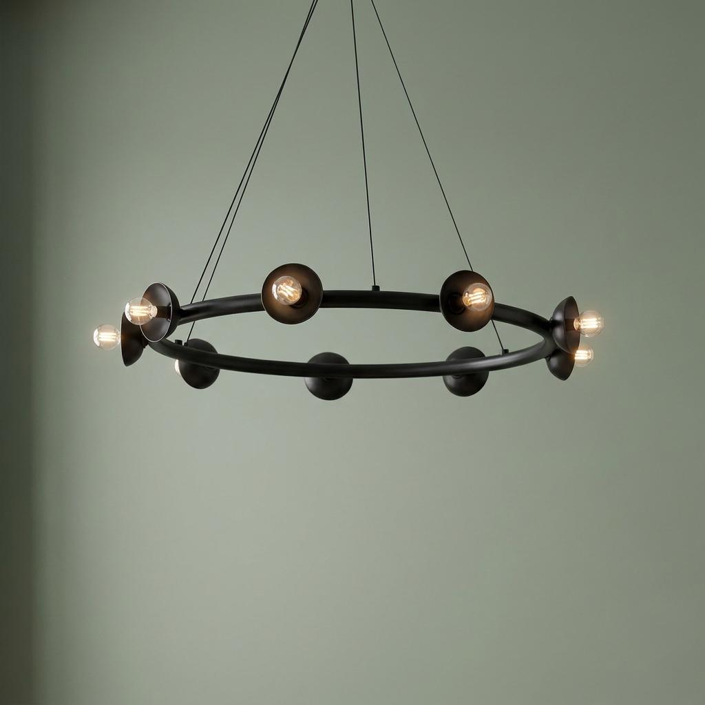 Kichler Palta 9-light black ring chandelier with exposed bulbs in cup-shaped sockets against a sage wall.