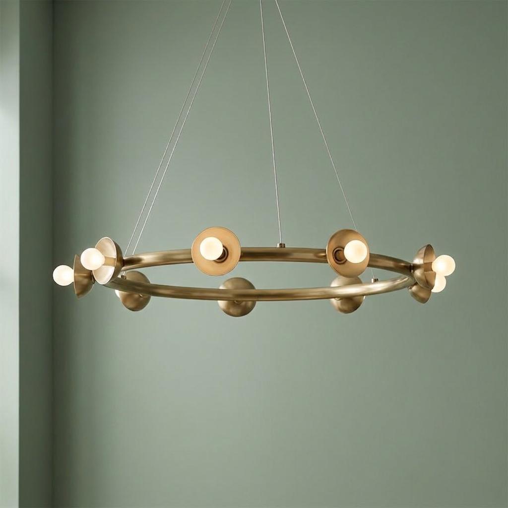 Kichler Palta 9-light bronze chandelier with a circular ring and glowing orb bulbs against a green wall.