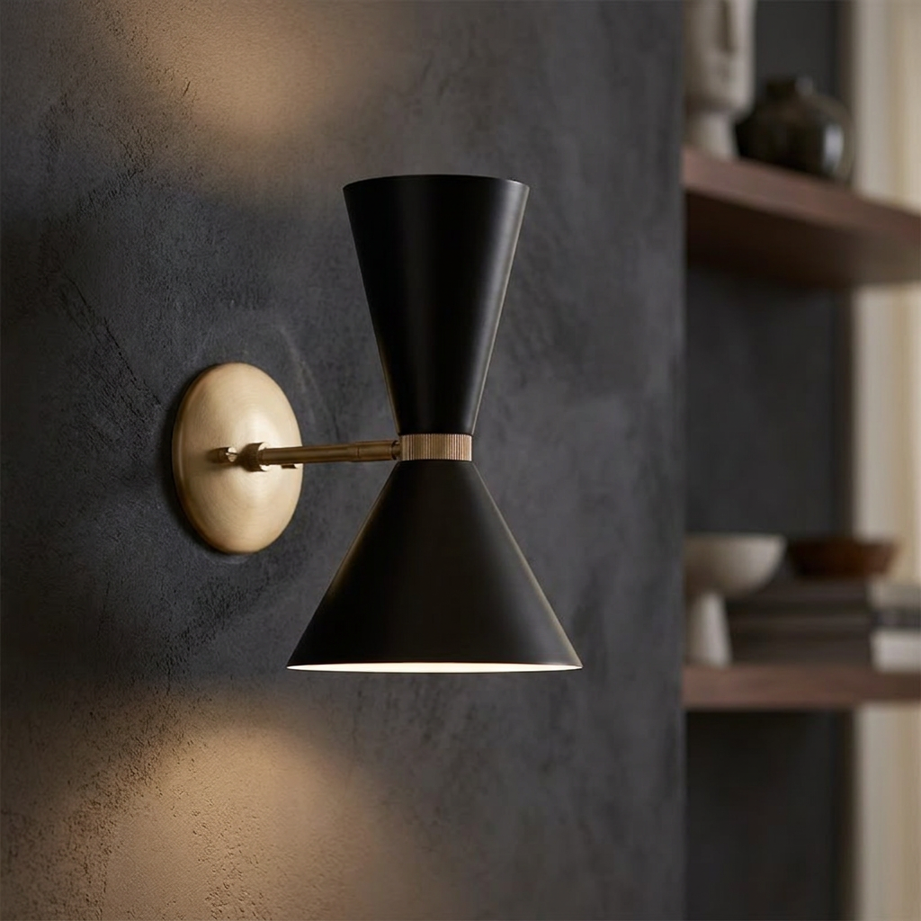 Kichler Phix 1 arm 2 light wall light with black hourglass shades and brass accents on a textured dark wall.