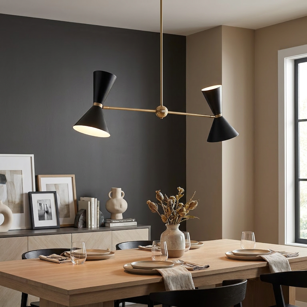 Modern Kichler Phix 4-light linear chandelier in black and gold hanging over a set wooden dining table.