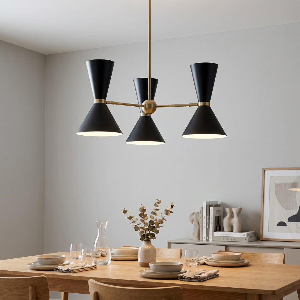 Kichler Phix 6-light chandelier with black hourglass shades and brass finish above a set dining table.