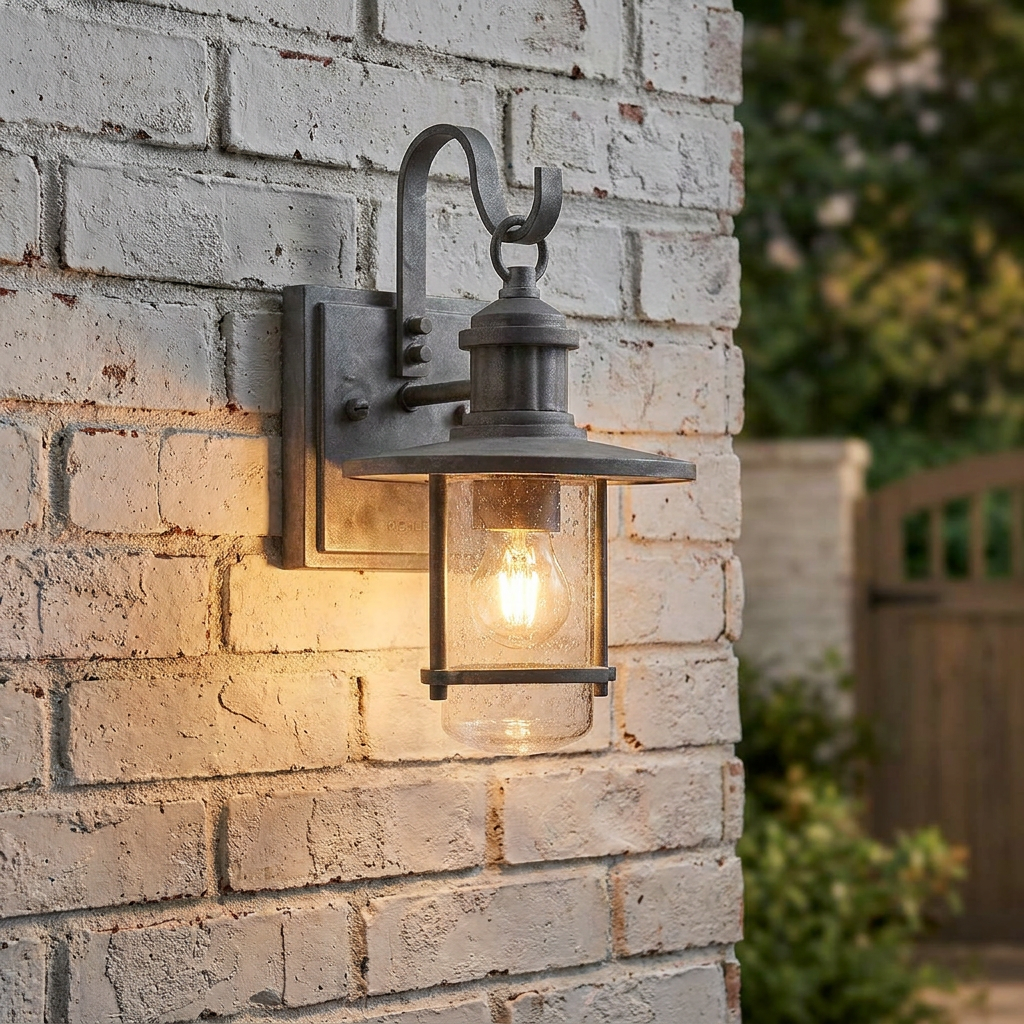Rustic zinc outdoor lantern with seeded glass and a glowing bulb mounted on a white brick wall.