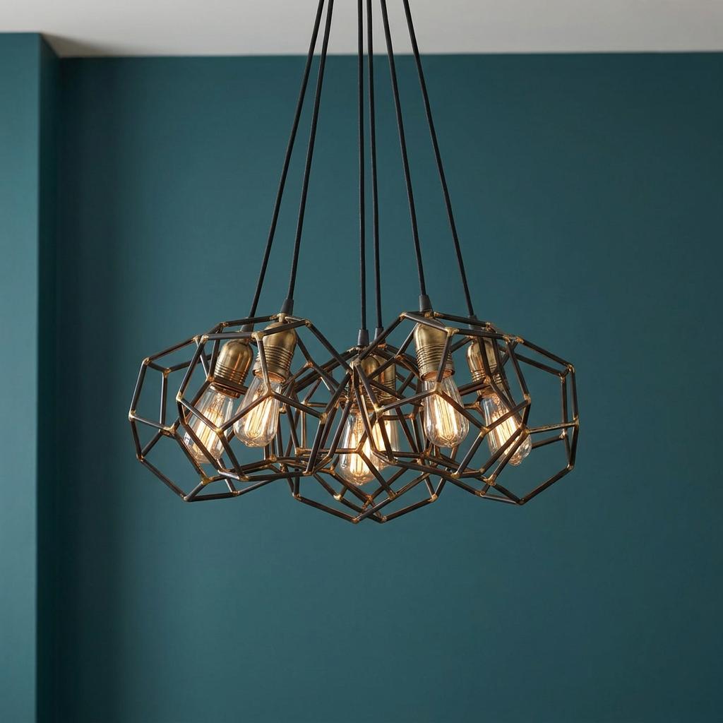 Industrial 6-light chandelier with raw steel geometric cages and brass accents hanging against a teal wall.