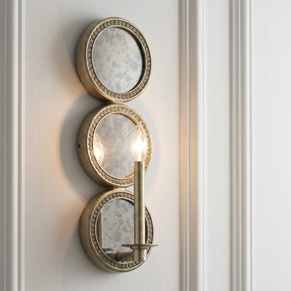 Kichler Rosalie gold wall sconce featuring three stacked antiqued mirror panels mounted on a white wall.