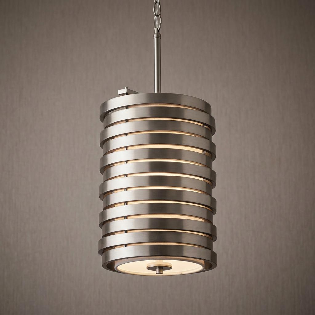 Brushed nickel cylindrical pendant light with stacked horizontal rings emitting light against a textured wall.