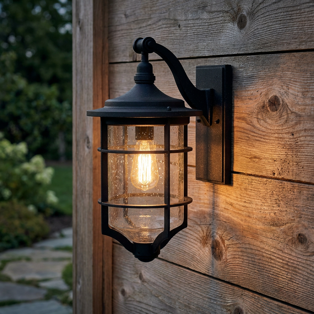 Kichler Royal Marine black outdoor wall lantern with seeded glass and a glowing Edison bulb on a wooden wall.