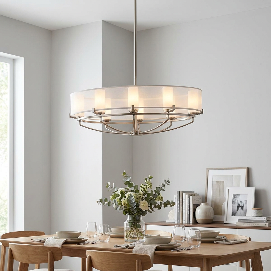 Kichler Saldana 8-light pewter chandelier with fabric shade hanging in a modern dining room above a wooden table.