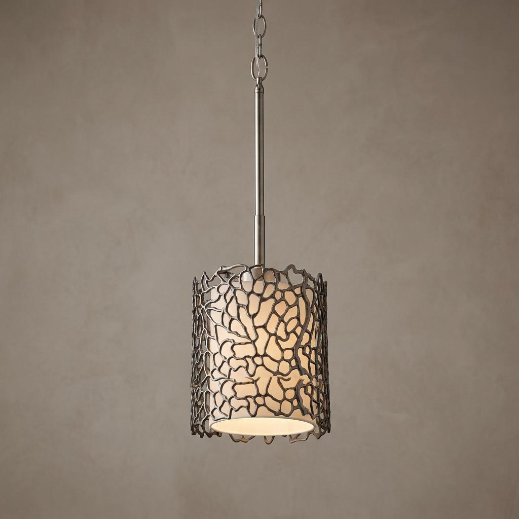 Silver Coral mini pendant light with a classic pewter coral-like metal overlay and a soft inner white shade.