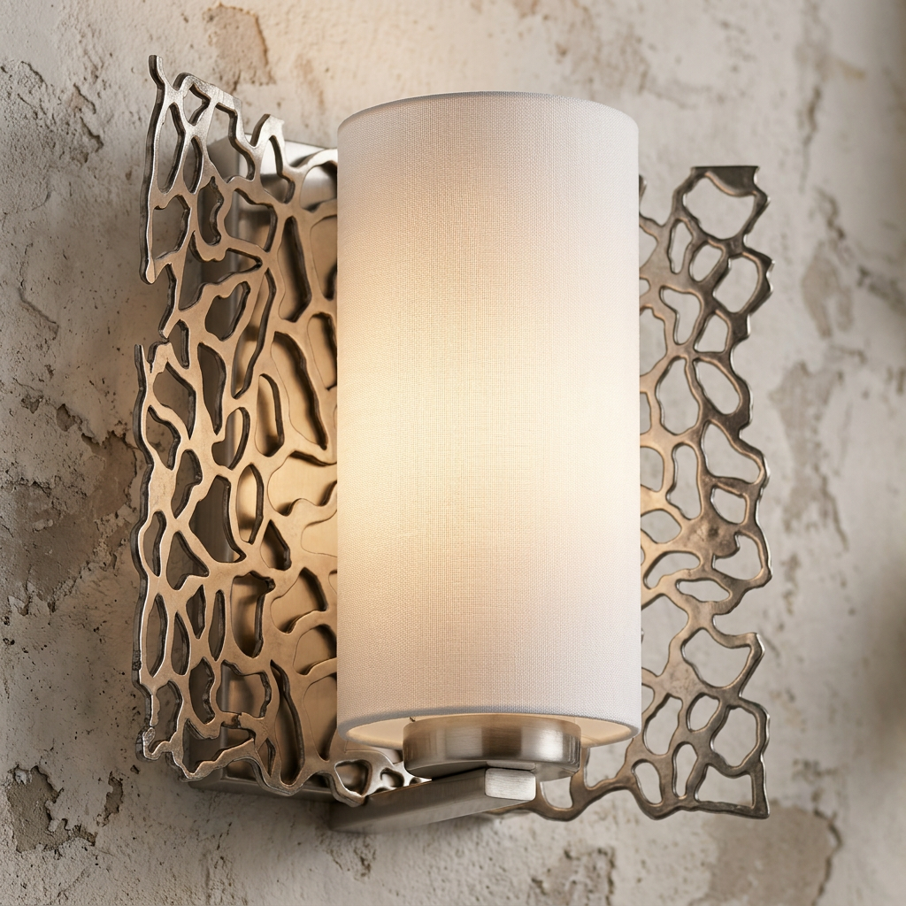 Kichler Silver Coral wall light with a white fabric shade and pewter coral-patterned metalwork on a textured wall.