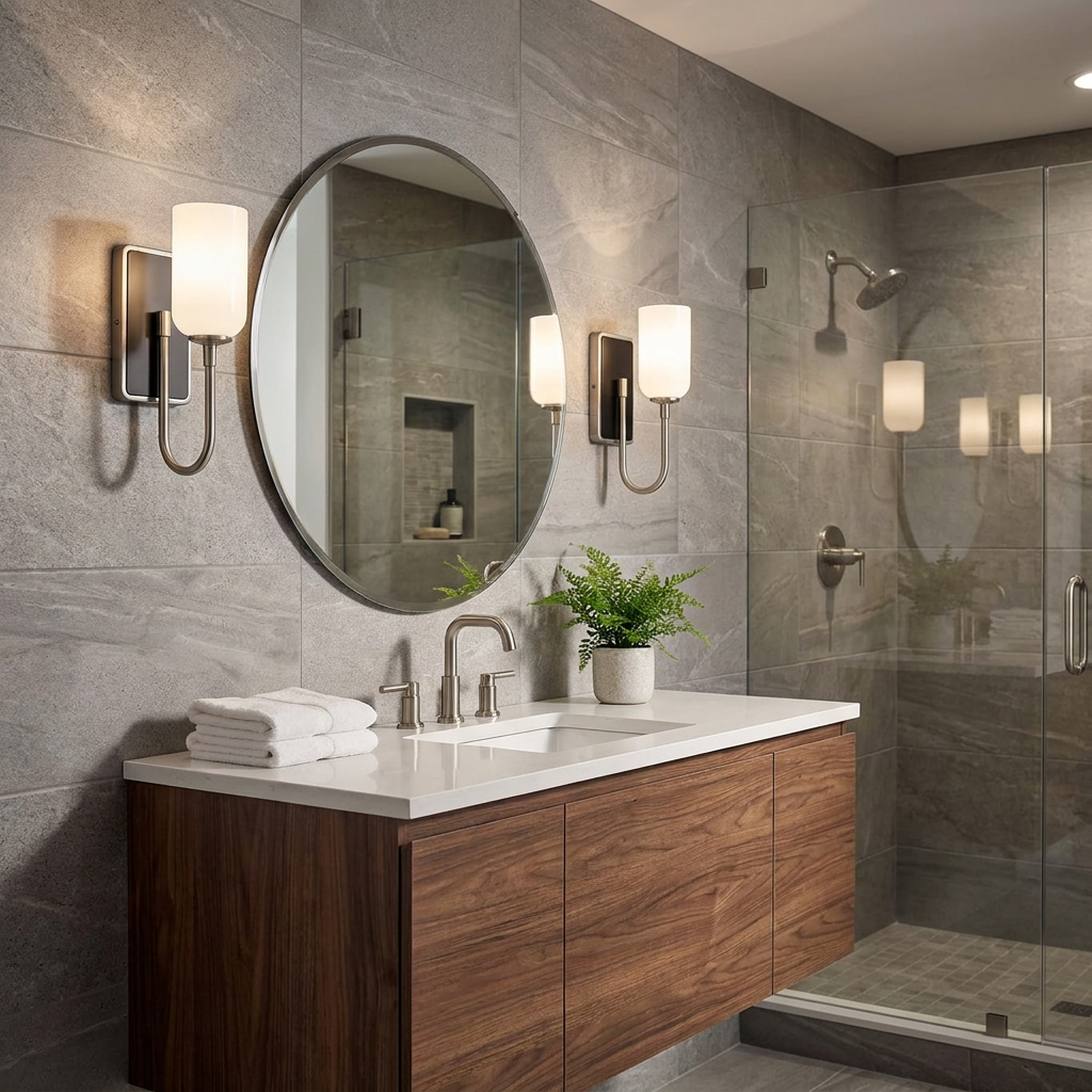 Kichler Solia wall lights in brushed nickel flanking a round mirror over a wood vanity in a grey stone bathroom.