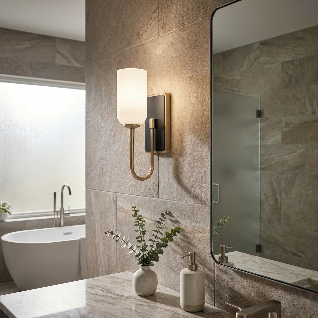 Kichler Solia wall light with champagne bronze finish and black accent plate glowing in a stone-tiled bathroom.