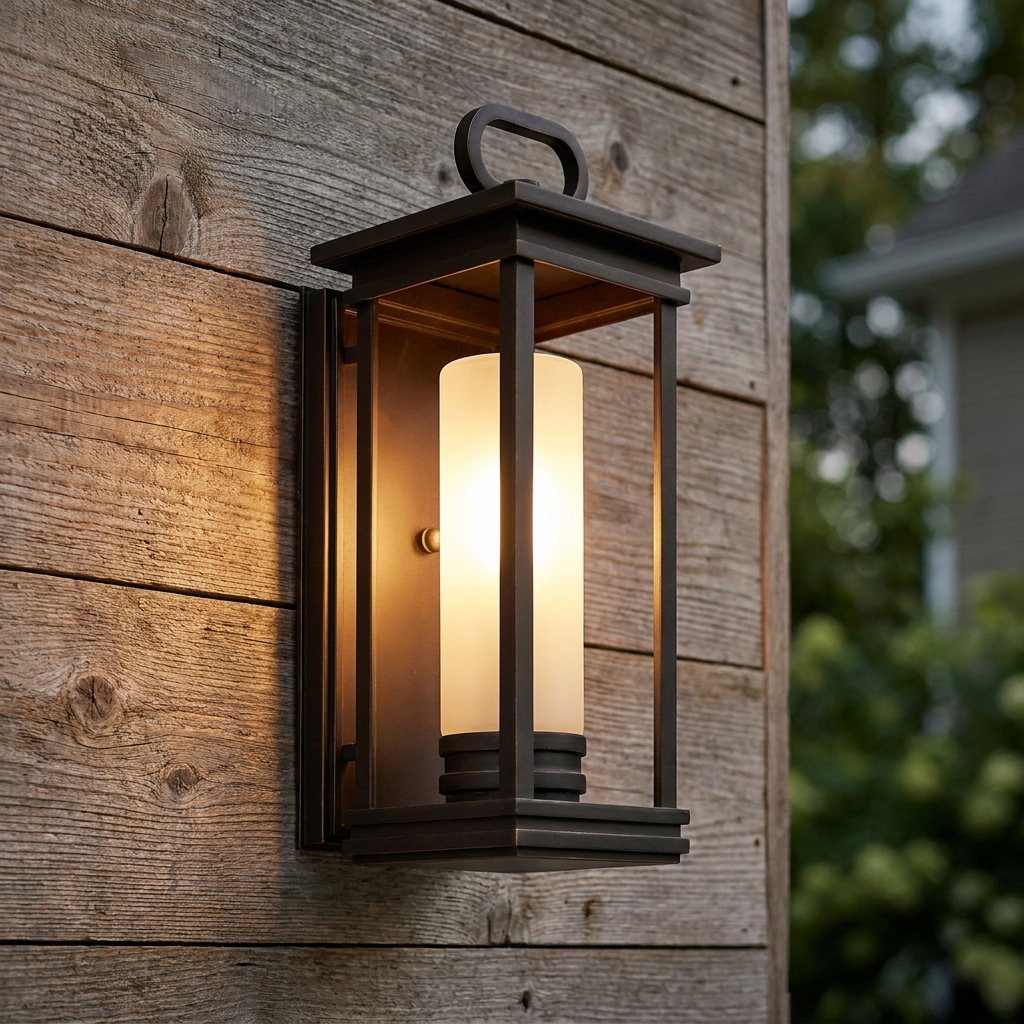 Rubbed bronze outdoor wall lantern with frosted glass cylinder emitting a warm glow on a rustic wood wall.