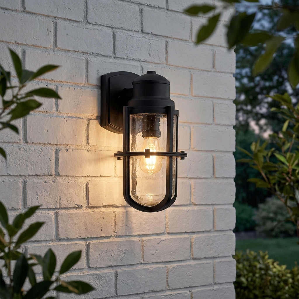 Kichler Suri black outdoor wall light with seeded glass glows warmly on a white brick wall surrounded by greenery.