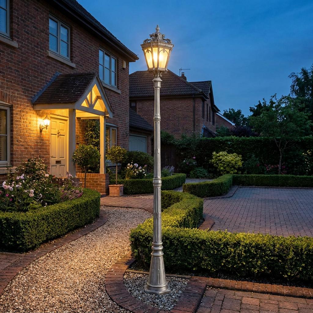 Kichler Tournai 3-light Londonderry lamp post illuminating a gravel path and house exterior at dusk.